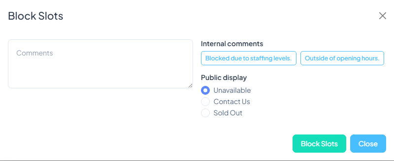 Block Slots modal showing date range picker, slot multi-select, and reason field