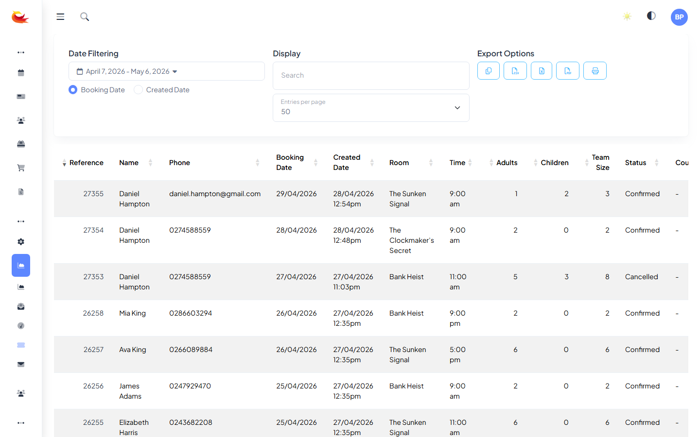 Bookings list page showing the search box at the top and a table of bookings with reference, customer, date, room, and status columns