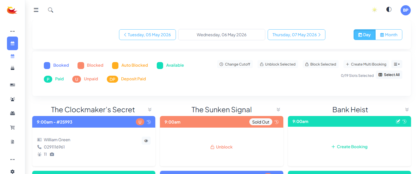 Reschedule modal showing the room selector at the top and a calendar grid of available slots below