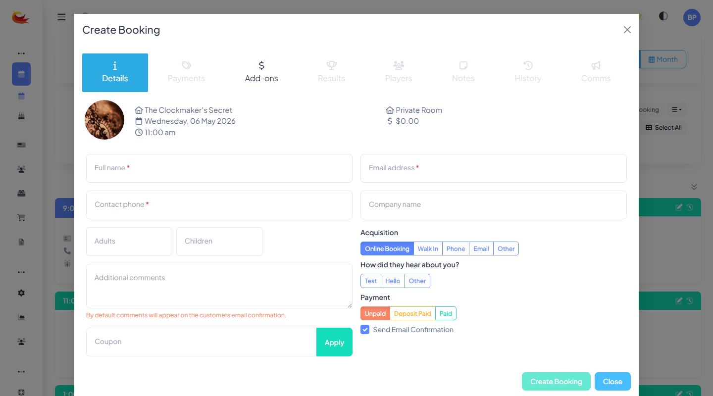 Booking modal that appears after clicking an available slot, with room, date, and time pre-filled