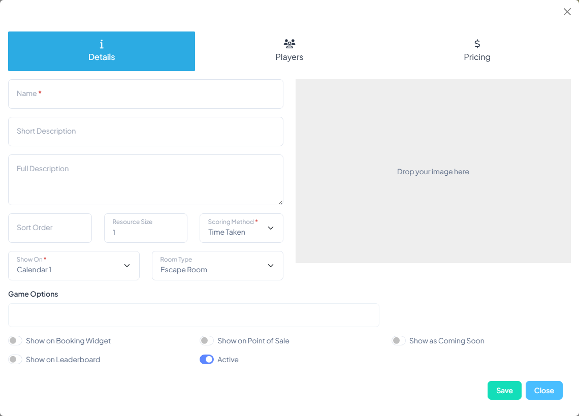 Details tab of the room modal showing Name, Short Description, Full Description, Scoring Method, Show On, and Room Type fields