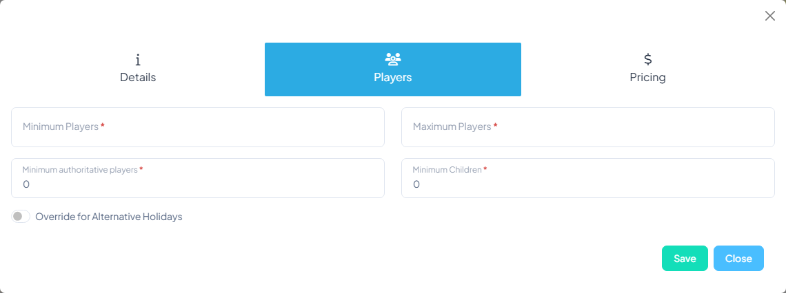 Players tab showing Minimum Players, Maximum Players, Minimum authoritative players, and Minimum Children fields