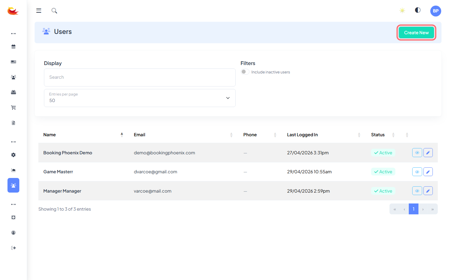 Users list page showing the staff table and the "Create New" button top right