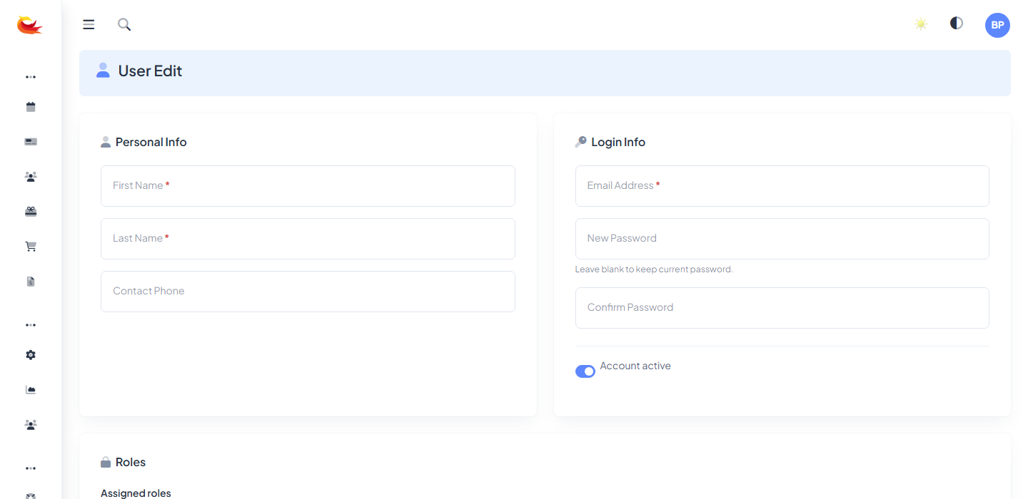 New user form showing Personal Info card (First Name, Last Name, Contact Phone) alongside the Login Info card (Email, Password, Account active toggle)