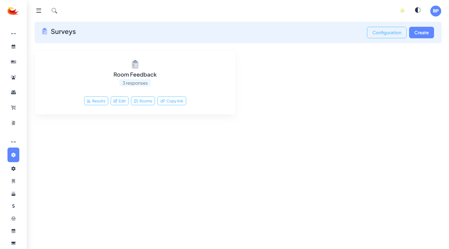 Surveys list page showing each survey with title, response count, status (Active/Inactive), and last response date