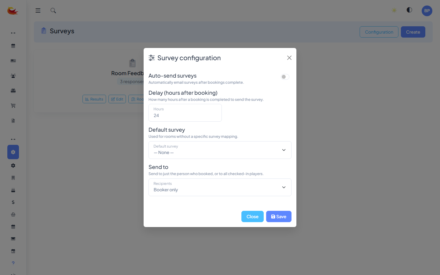 Survey editor showing a list of questions, each with drag handles for reordering, question type dropdowns, required toggles, and an "Add Question" button at the bottom