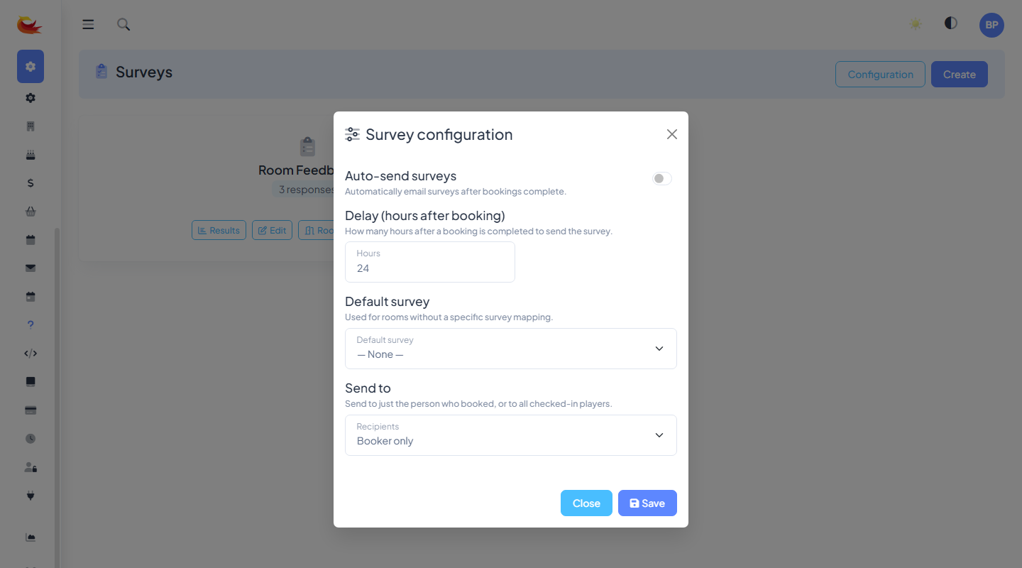 Survey delivery settings with trigger timing (hours after booking), delivery channel toggles (email/SMS), and room filter multi-select