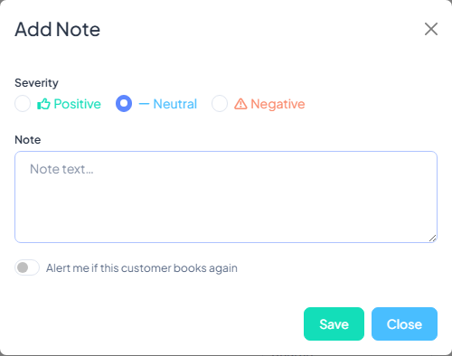 Add customer note modal with severity dropdown (positive/neutral/negative), note text area, and "Alert on next booking" toggle