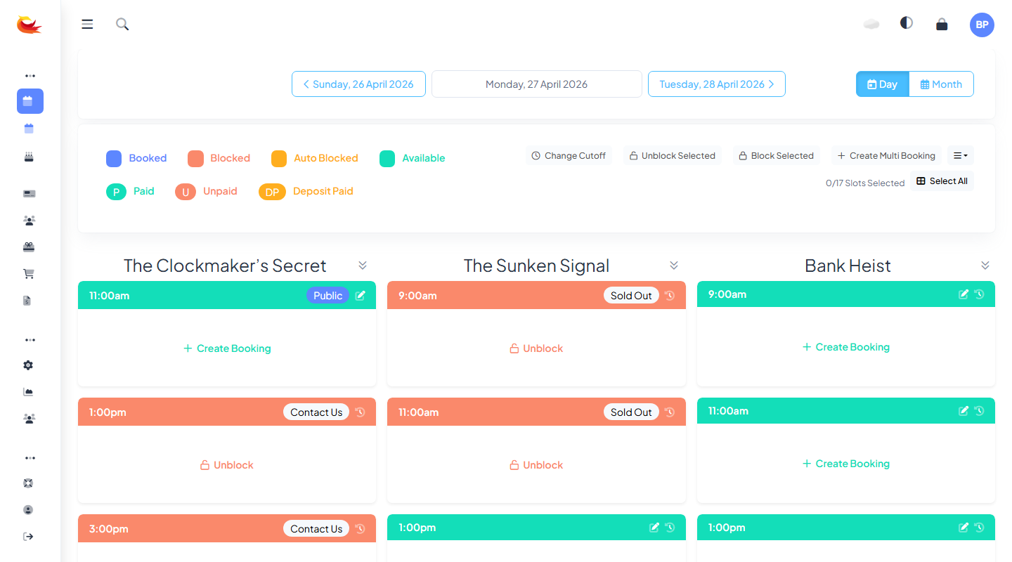 Booking modal with an "Active alerts" panel at the top showing one or two flagged notes with severity badges
