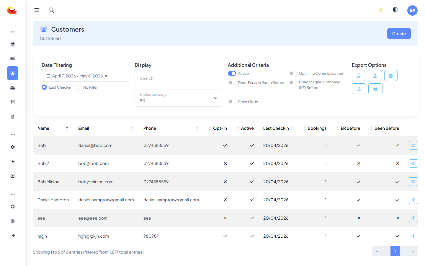 Customers list page showing the search box and a table with name, email, phone, last booking, and total spend columns