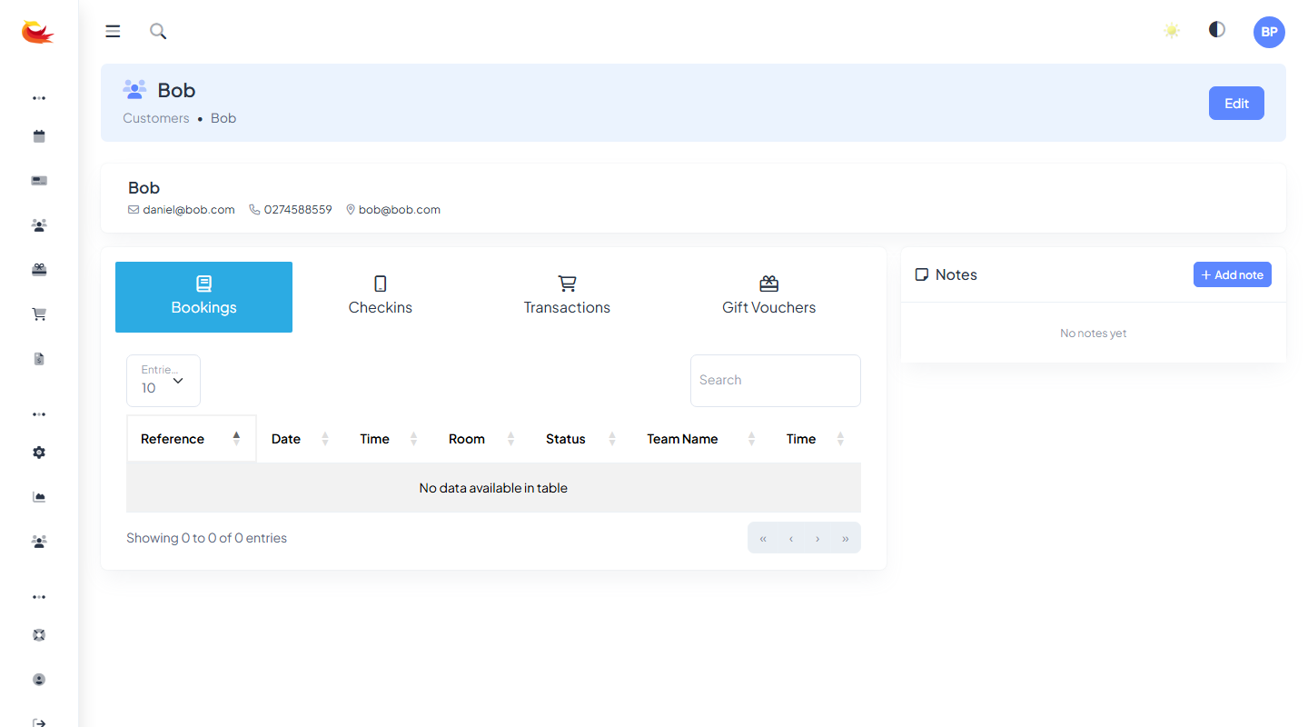 Customer record page with the left-side info panel (name, email, phone) and the main tabs for Bookings, Payments, Vouchers, Notes