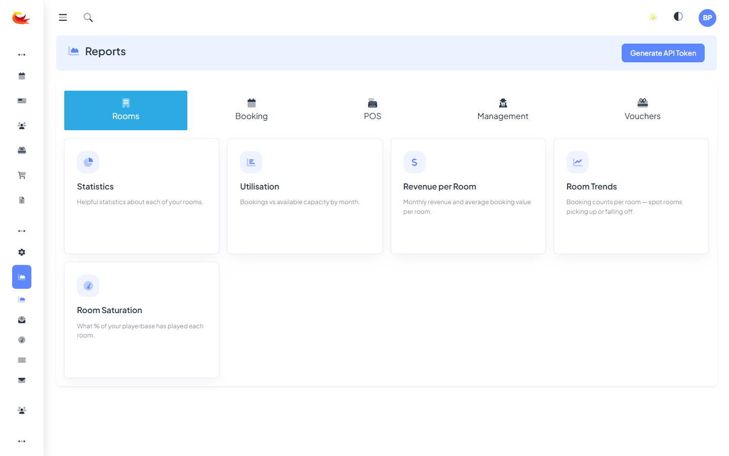 Reports landing page with category cards (Bookings, Revenue, Rooms, Customers, Staff, Operations) each showing the reports inside