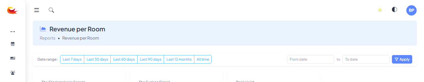 Report filter panel with date range picker, room multi-select, and an "Apply" button