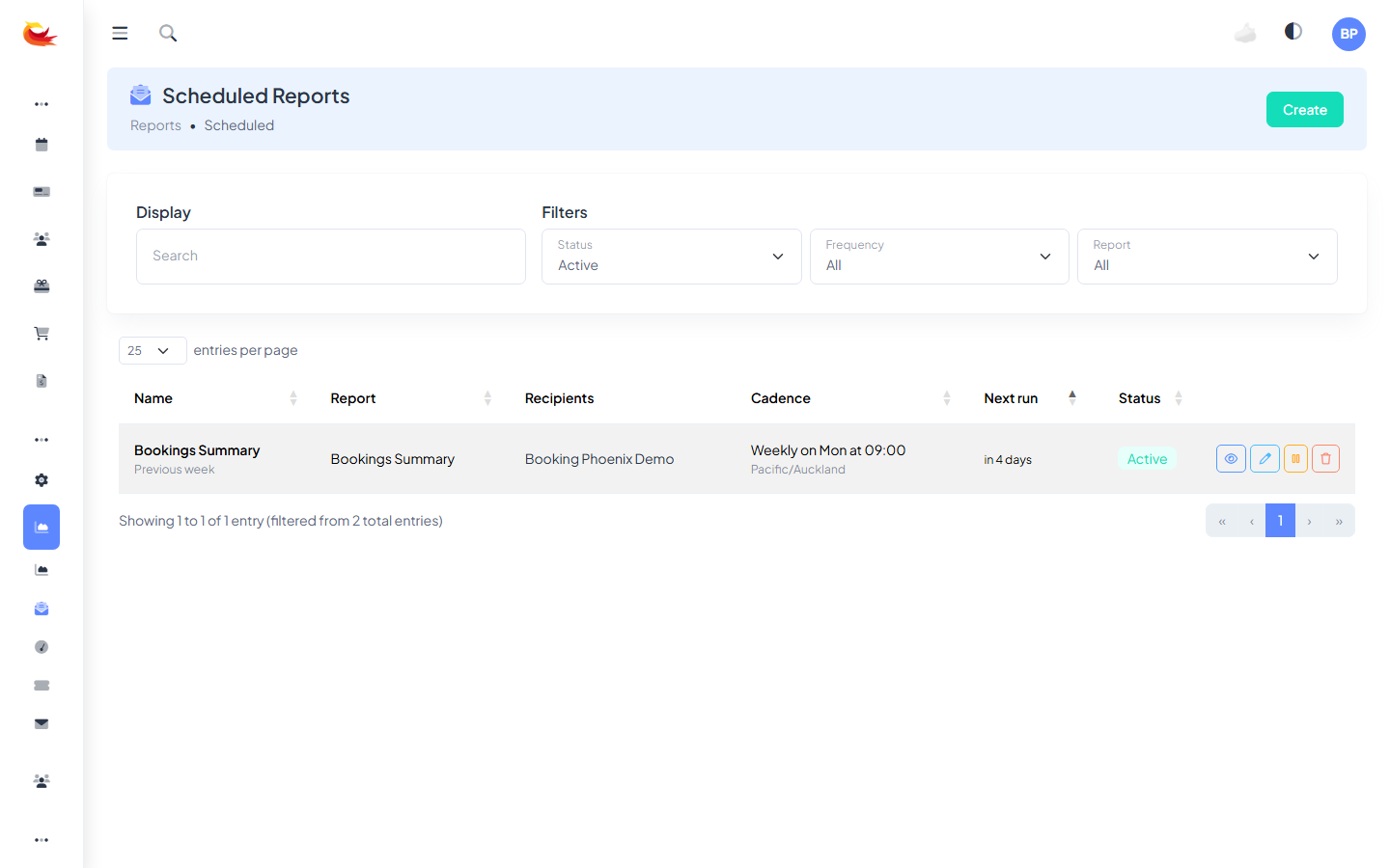 Scheduled Reports list page showing each schedule with name, report type, recipients, cadence, next run, status, and action buttons