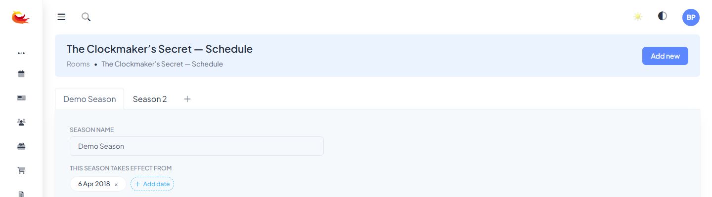 Season creation form showing name field and date range picker with start and end date inputs