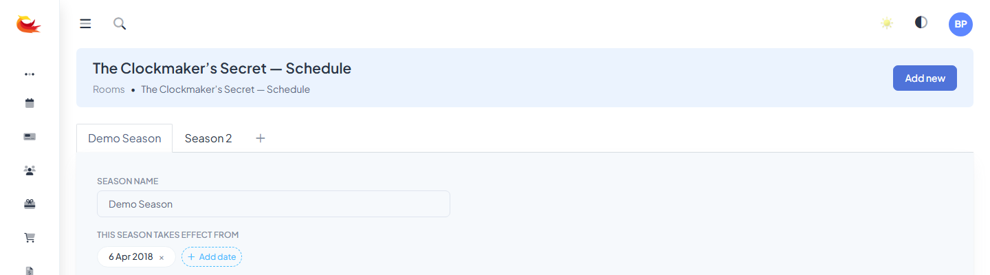Schedule page with the "Copy from another season" dropdown open, showing a list of other seasons to copy from