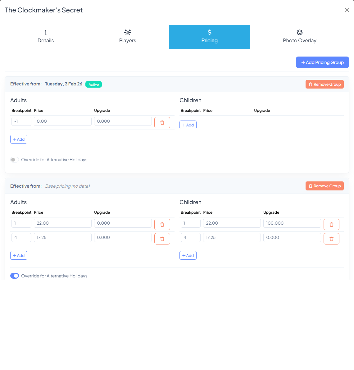 Room edit modal with the Pricing tab selected, showing the "Add Pricing Group" button and an existing pricing group card below it