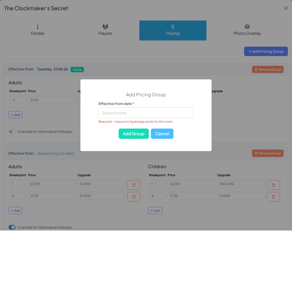 Pricing tab after clicking "Add Pricing Group", showing the new empty pricing group card with date picker and empty price columns
