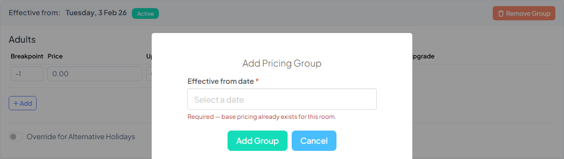 A pricing group card with the Adult column filled in showing two breakpoint rows (0 and 4) with example prices, and the Child column alongside it