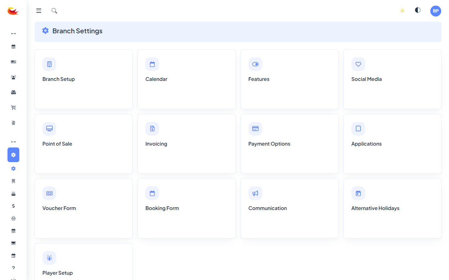 Branch settings page with section headers (Branch Details, Currency & Tax, Trading Hours, Contact, Booking Rules, Branding)