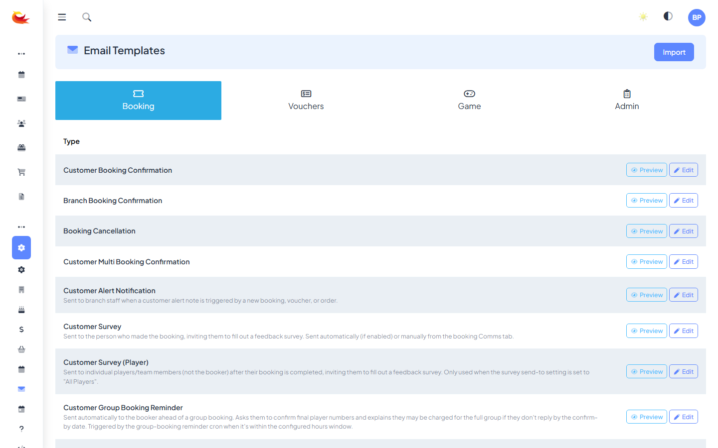 Email Templates list page showing each template as a row with name, description, status badge, and Edit button