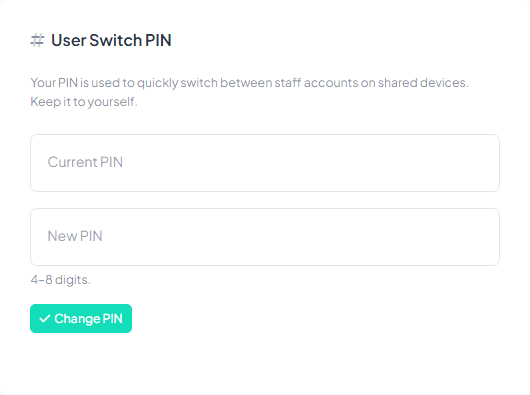 User profile page showing the "User Switch PIN" card with the New PIN field and the "Set PIN" button