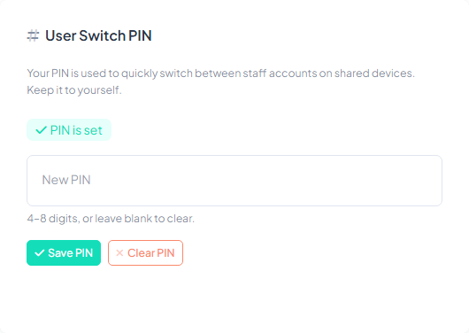 Admin view of another user's profile showing the PIN card with "PIN is set" badge, the "Set a new PIN for this user" field, Save PIN button, and Clear PIN button