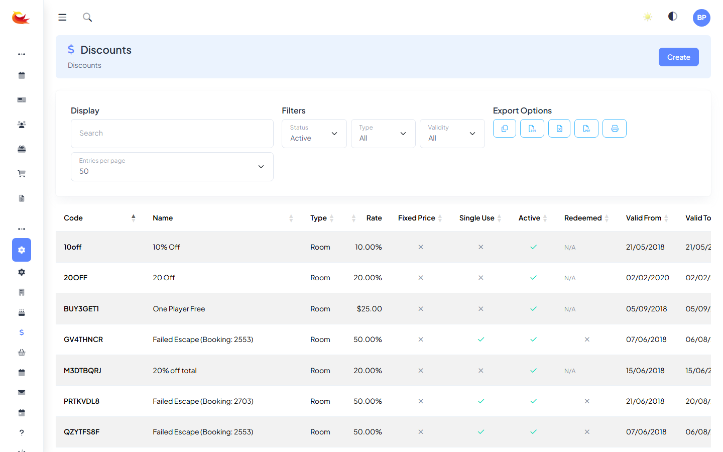 Discounts list page showing the filter card (Search, Status, Type, Validity) and the table of existing discount codes below