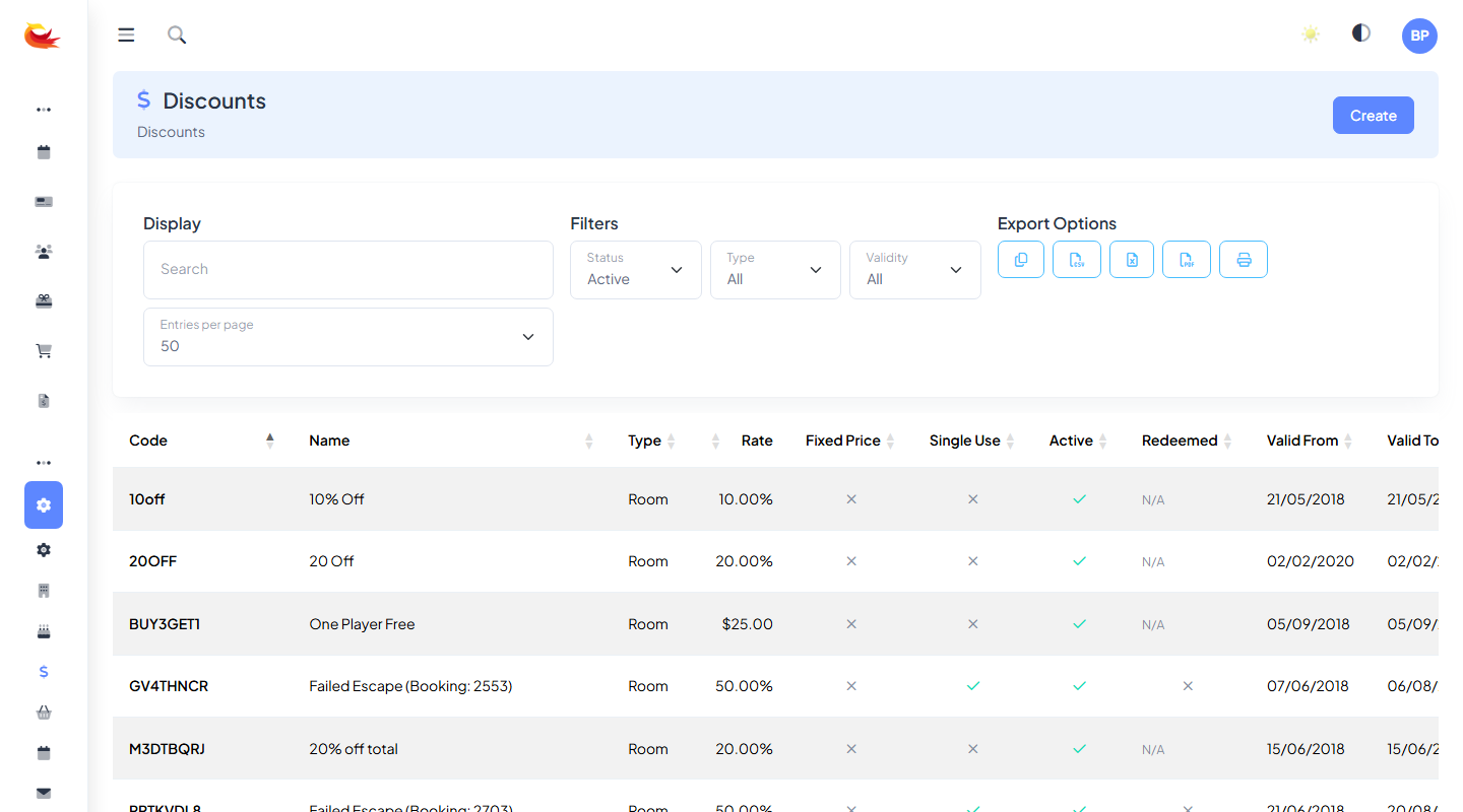 Create discount modal showing code, name, type dropdown, percentage/fixed toggle, and value input