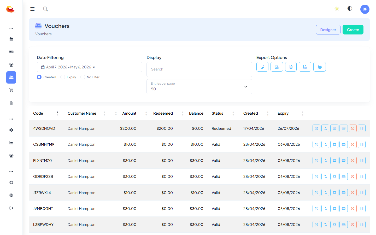 Vouchers list page with filter card (Date filtering, Search, Export Options) and a table of vouchers