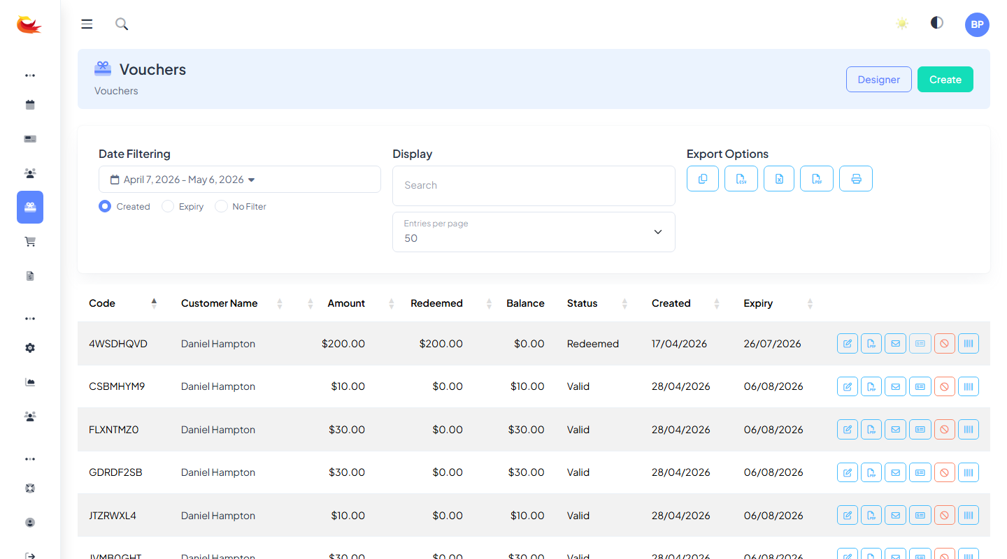 Create voucher modal with amount input, customer search, recipient name/email fields, personal message text area, and expiry date picker