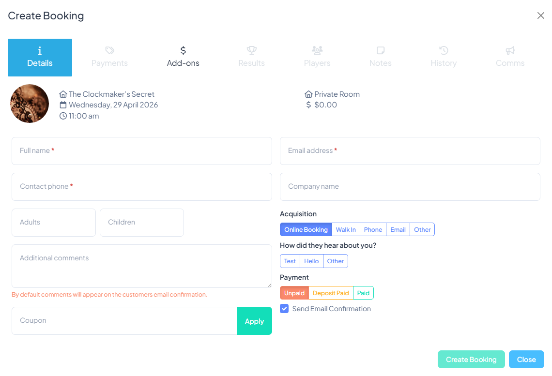 Booking modal with the Voucher field visible in the payment panel, a code entered, and an "Apply" button next to it