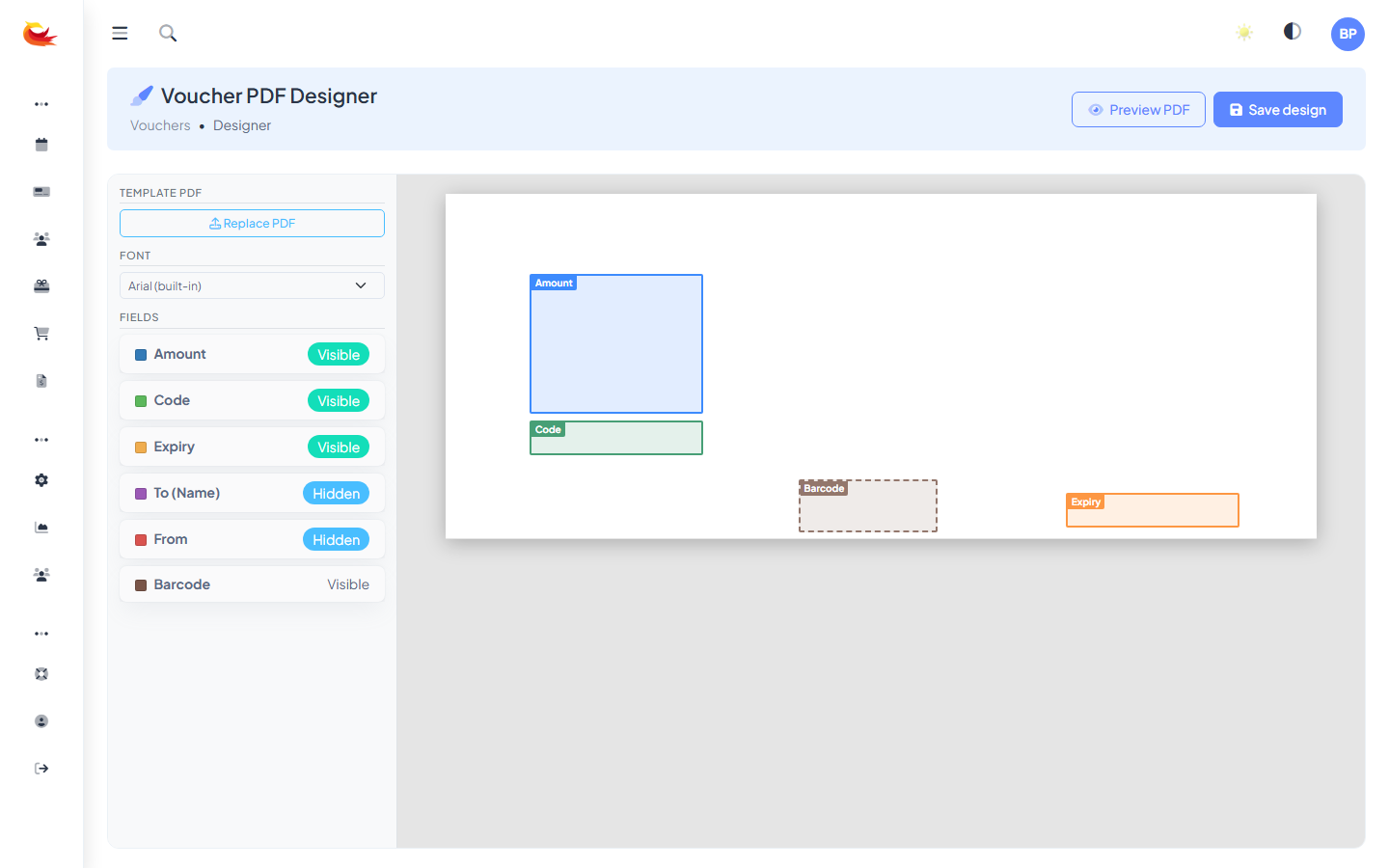 Voucher Designer interface with the canvas in the centre showing a voucher preview, a tools panel on the left, and a properties panel on the right