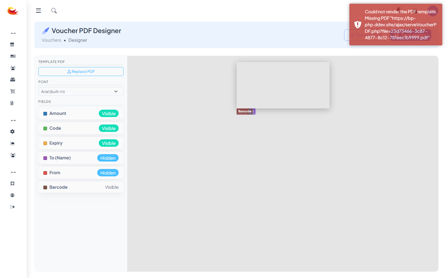 Canvas with merge-field placeholders visible, showing how {{ amount }} and {{ recipient_name }} display as placeholders in edit mode and real values in preview