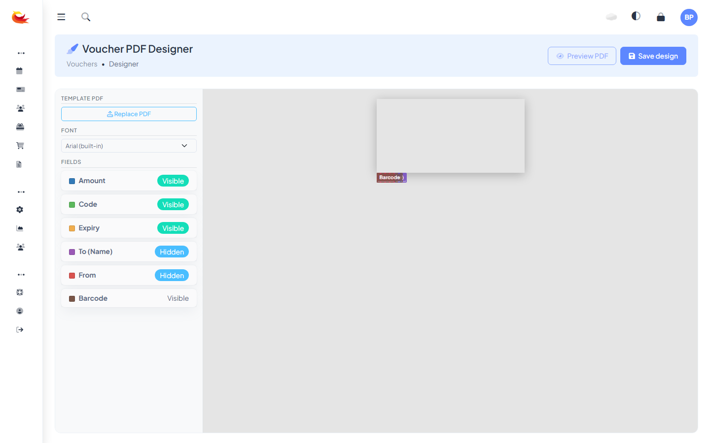Designer with Preview mode active, showing a finished voucher with "$100" as the amount, "Sarah Johnson" as the recipient, and a real QR code