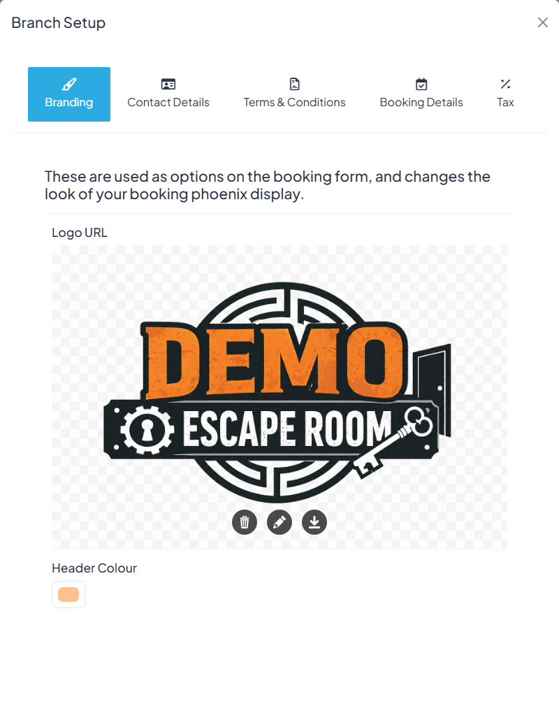 Booking Form configuration modal with the various options (rooms, default view, fields, colours) grouped into tabs