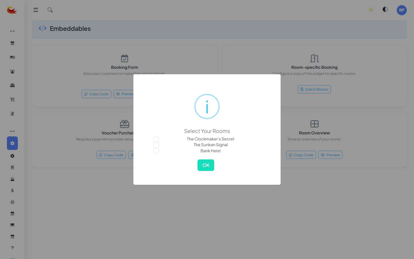 Room-specific Booking card with checkboxes visible for each room, one or two rooms ticked, and the Copy Code and Preview buttons now active